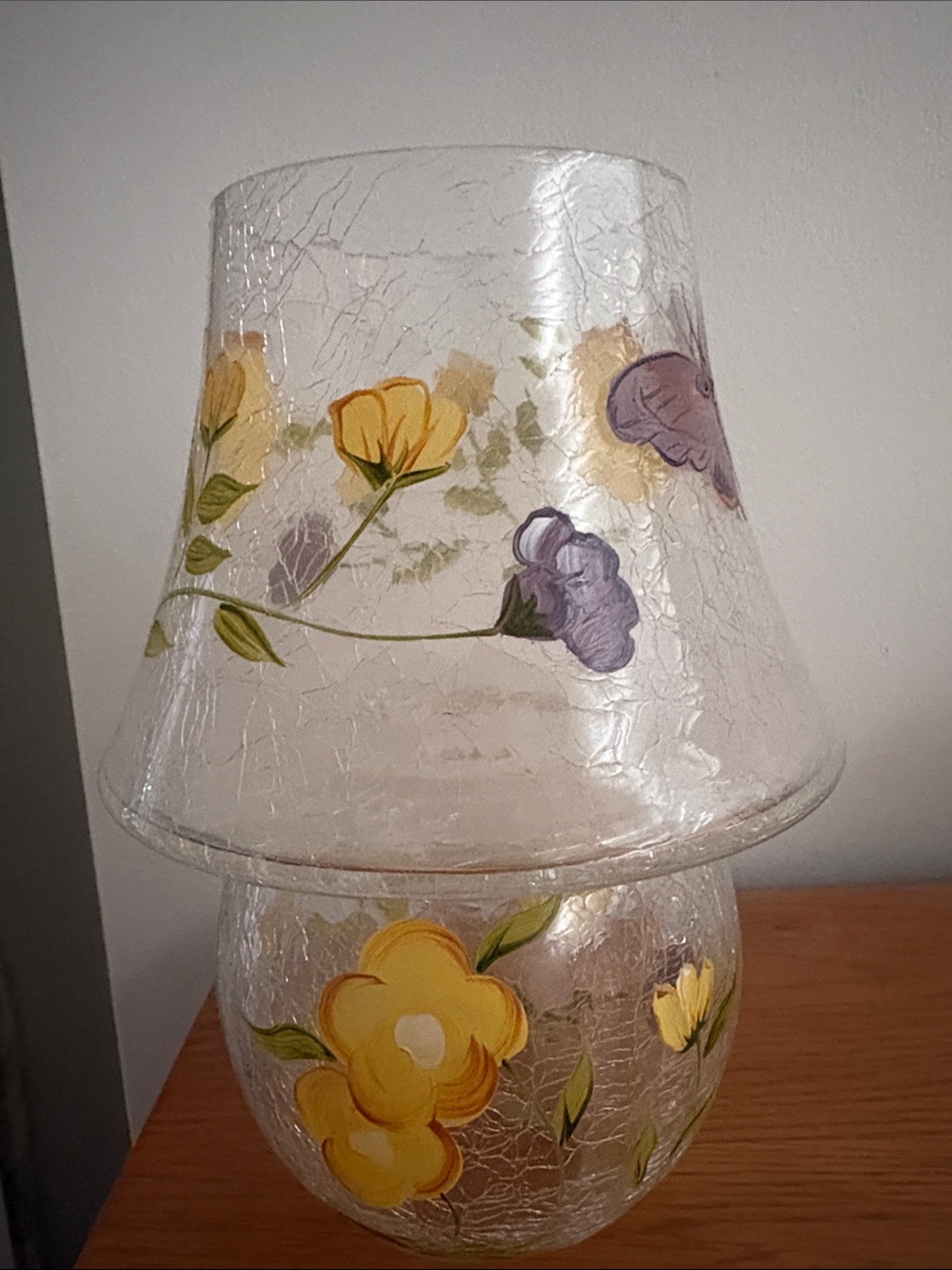 Hand-Painted Crackle Glass Floral Lamp - Yellow & Purple